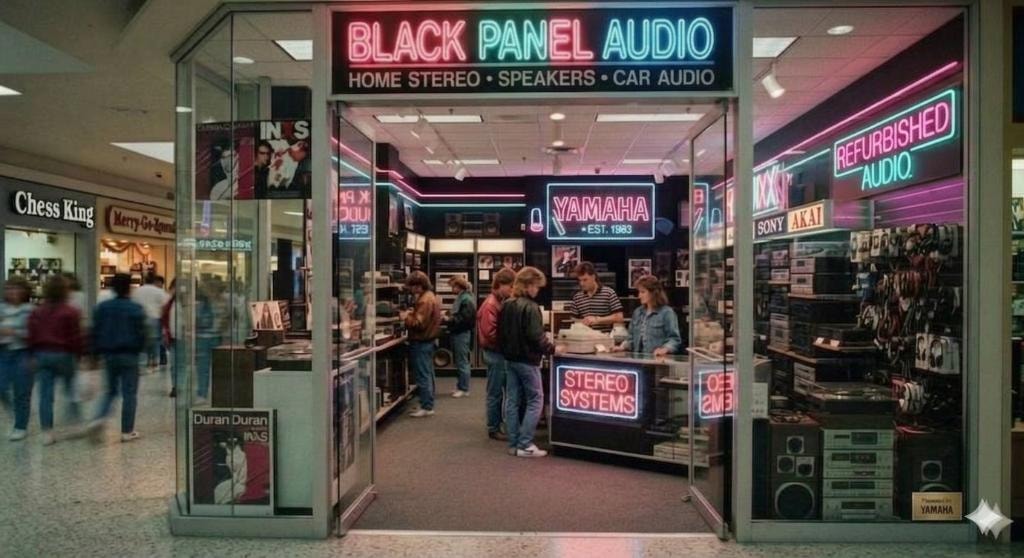 Black Panel Audio 80s mall storefront — neon sign, home stereo, speakers, car audio